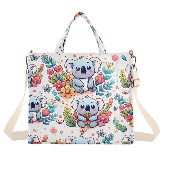Cartoon Koala and Flowers Corduroy Tote Bag Handbag Large Messenger Bag Shoulder Crossbody Zipper Bag Purse