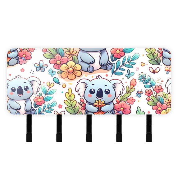 Cartoon Koala and Flowers Mail Holder Organizer Wall Mount with Shelf Key Holder Key Rack with 5 Key Hooks for Wall Decorative