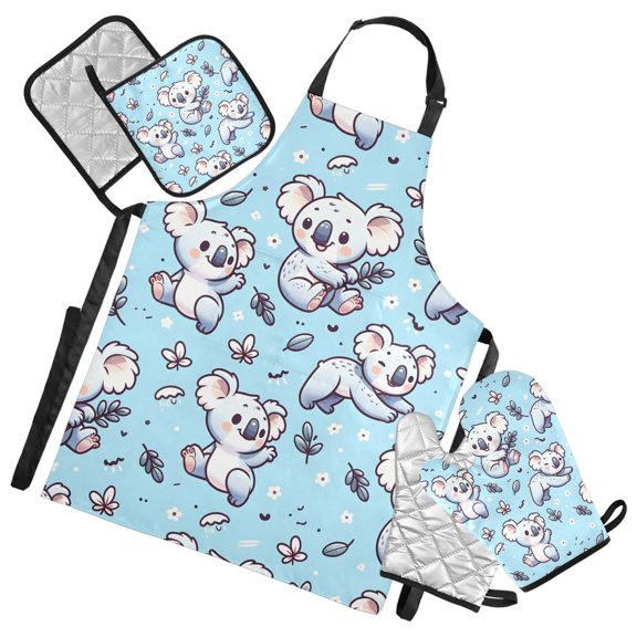 Cartoon Koala and Leaf 5 Pcs Kitchen Set Heat Resistant Oven Mitts and Non-Slip Pot Holders with Adjustable Cooking Apron