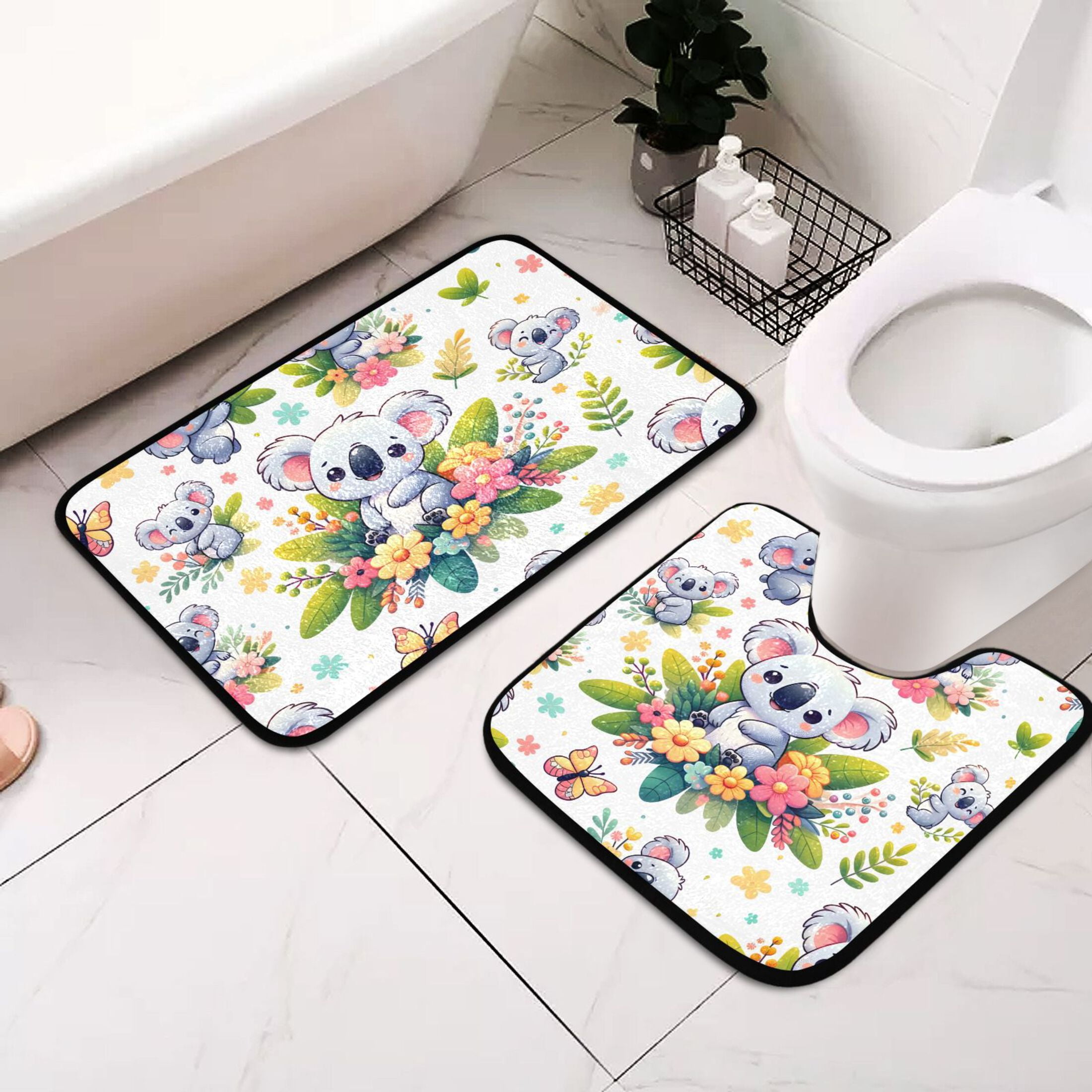 Cartoon Koala in Flower 2 Pcs Bathroom Rugs set NonSlip Absorbent Bath
