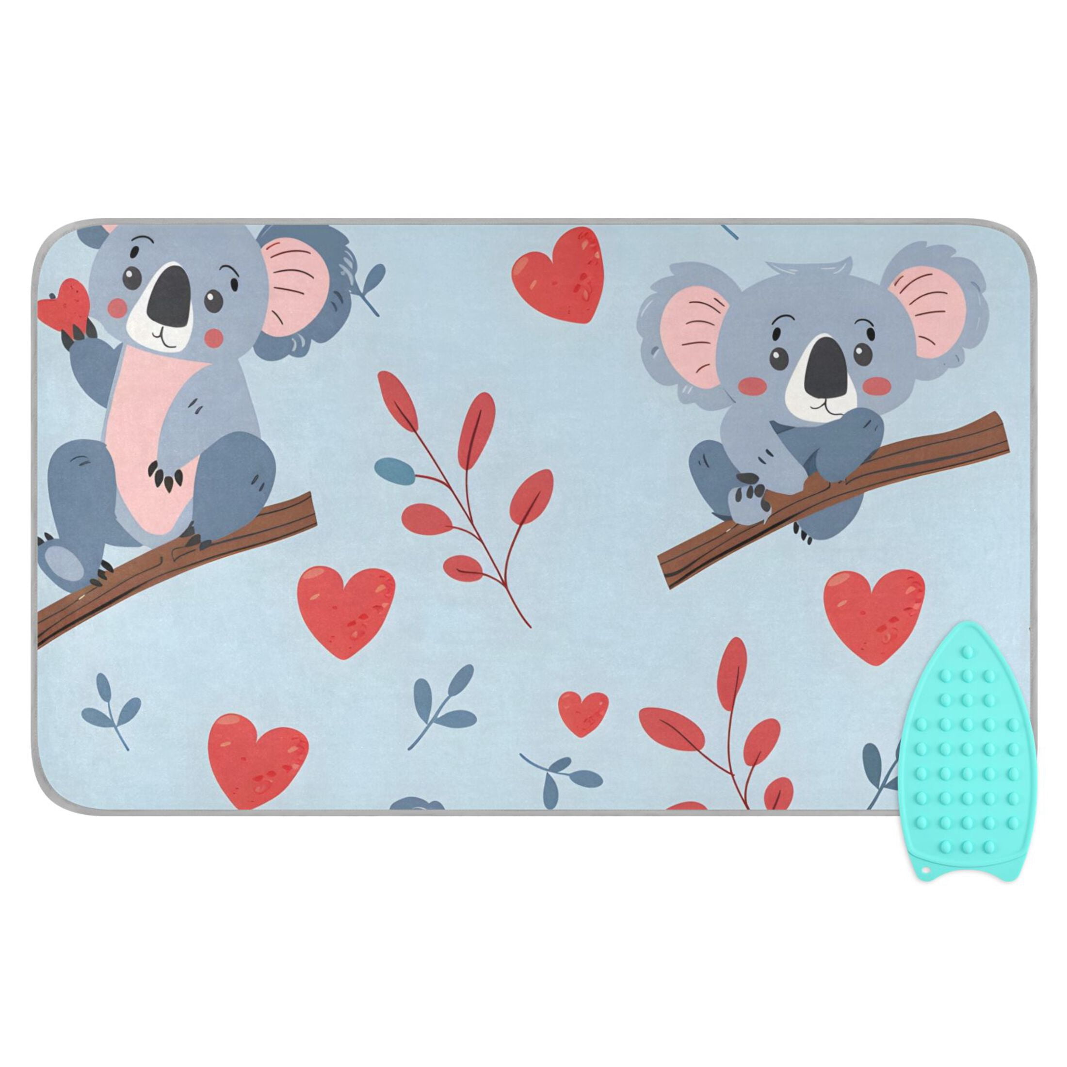 Cartoon Koala on Branch Heart Leaves Ironing Mat Blanket Portable Travel Ironing Pad Heat Resistant Pad 47.2" x 27.6”
