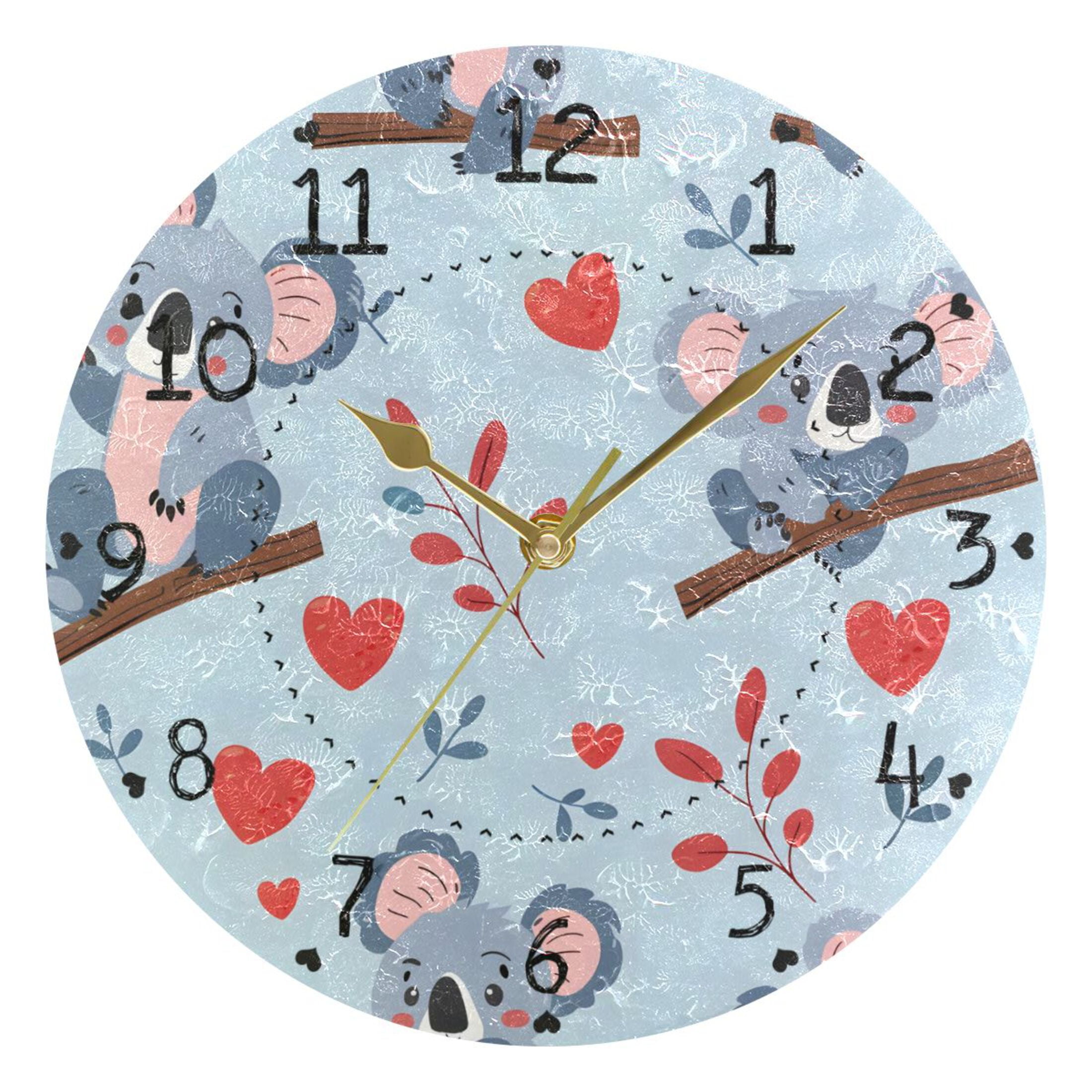 Cartoon Koala on Branch Heart Leaves Round Wall Clock Silent Analog ...