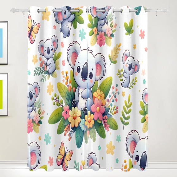 Cartoon Koala with Flower Plant Black Out Curtains 72 Inch Length Curtains for Sliding Glass Doors Bedroom Living Room 2 Pack