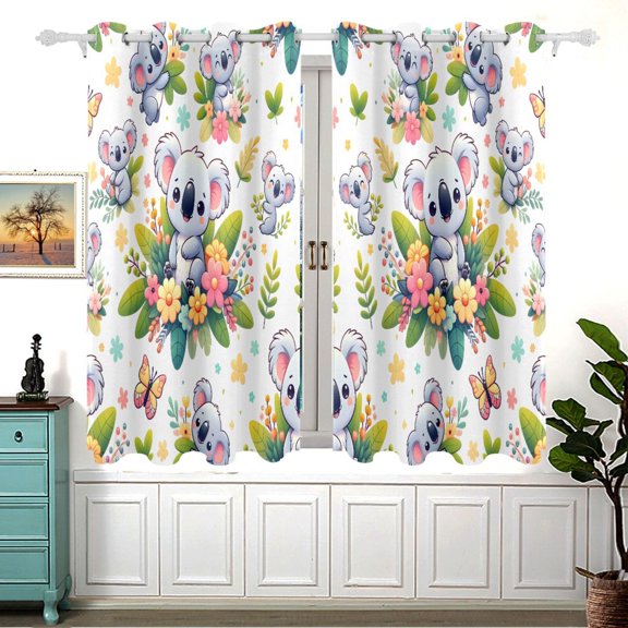 Cartoon Koala with Flower Plant Curtain Black Out Thermal Insulation Curtains Aesthetic 54 Inch Length for Bedroom Living Room 2 panels set