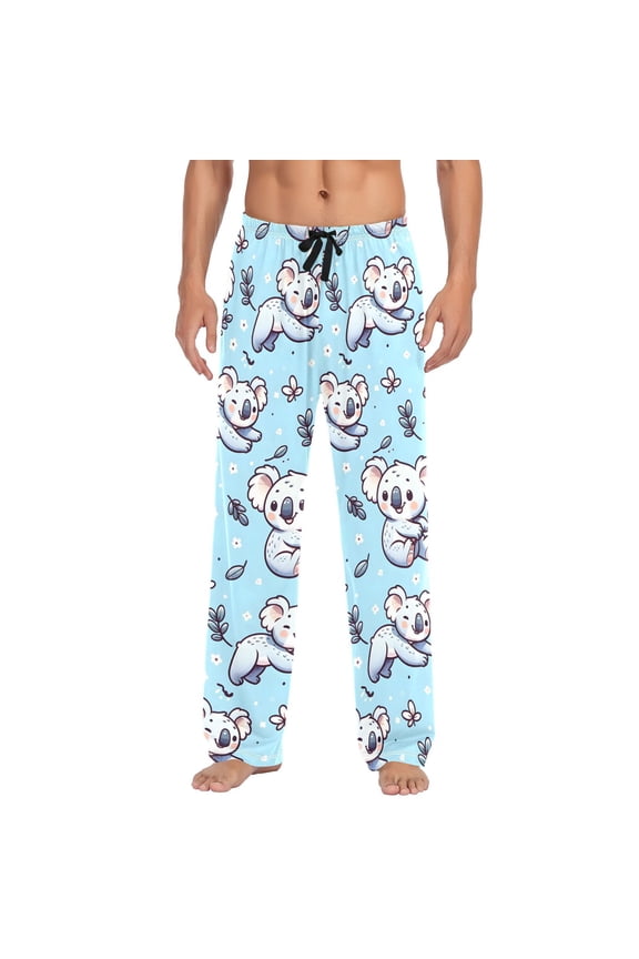 Cartoon Koala with Leaf Men's Pajama Pants Cotton Long Sleepwear Lounge Pants M