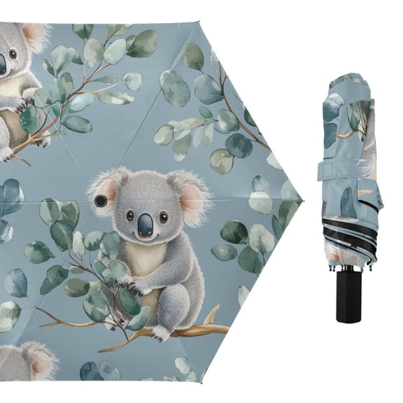 Cartoon Koalas with Eucalyptus Leaves All Weather Umbrella Triple Folding Parasol 6 Ribs UV Protection Portable