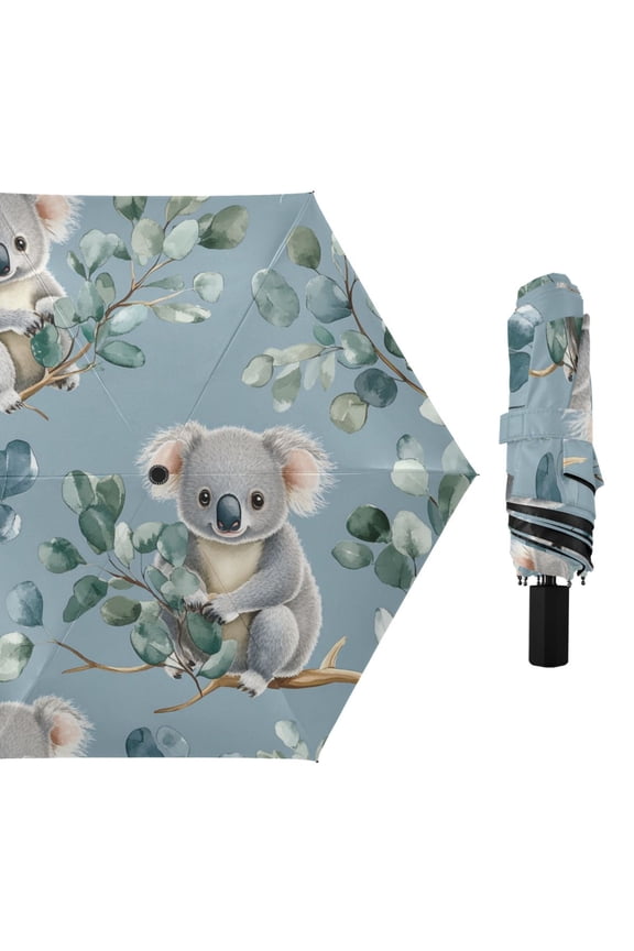 Cartoon Koalas with Eucalyptus Leaves All Weather Umbrella Triple Folding Parasol 6 Ribs UV Protection Portable