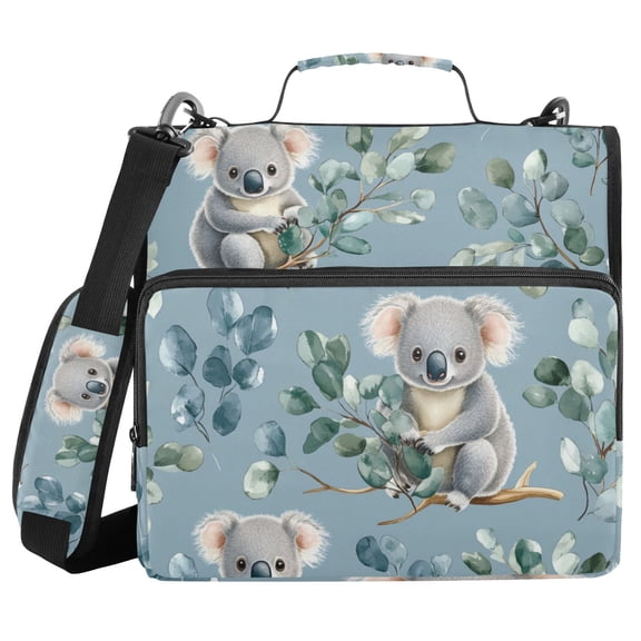Cartoon Koalas with Eucalyptus Leaves Binder Bag with Shoulder Strap 3 Ring Zipper Binder File Folder Document Storage