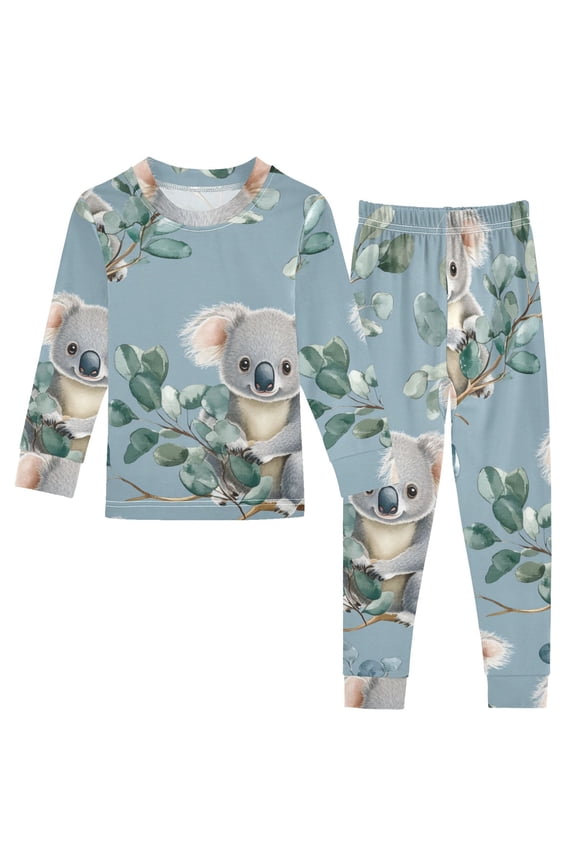 Cartoon Koalas with Eucalyptus Leaves Cotton Pajama Set Long Sleeve Top and Pants Sleepwear Unisex 6Y