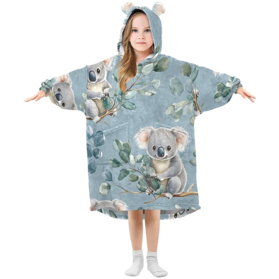 Cartoon Koalas with Eucalyptus Leaves Flannel Wearable Blankets Hooded Design Long Sleeves Wrap Unisex for 3T-14Y S