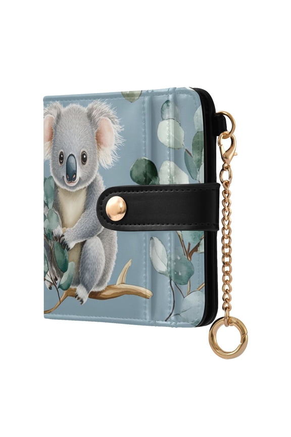 Cartoon Koalas with Eucalyptus Leaves Women's Wallet PU Leather Card Cases RFID Blocking Purse Billfold with Key Ring