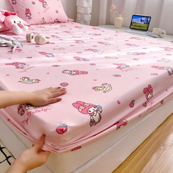 Cartoon Kuromi CNMR KT My MLD 3-piece Fitted Bed Sheet Set (fitted Sheet+2*pillow Case)  Single Fitted Sheet  Bed Cover  Bed Spread Anti-slip