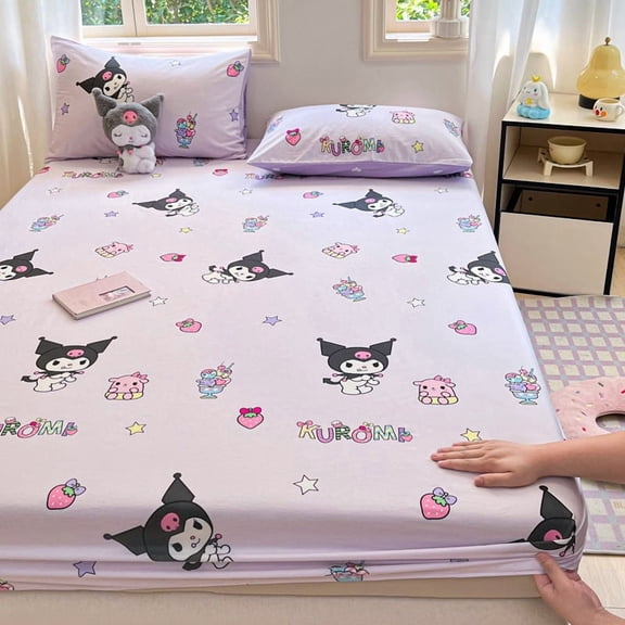 Cartoon Kuromi KT Cat Cinnamoroll 100% Pure Cotton Print  Fitted Bed Sheet 3-piece Set （fitted Sheet+2*pillow Case) 2-piece Set Single Bed Spread Bed Hat Pillowcase