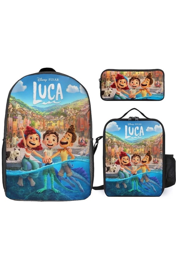 Cartoon LUCA 3Pcs Game Backpack Set, 17Inch Daypack with Lunch Box And Pencil Case, Casual Large Capacity College Laptop Bag Travel Gifts