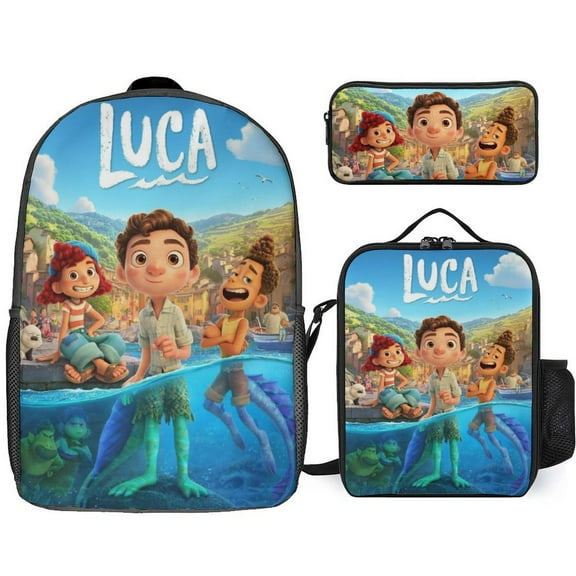 Cartoon LUCA 3Pcs Game Backpack Set, 17Inch Daypack with Lunch Box And Pencil Case, Casual Large Capacity College Laptop Bag Travel Gifts