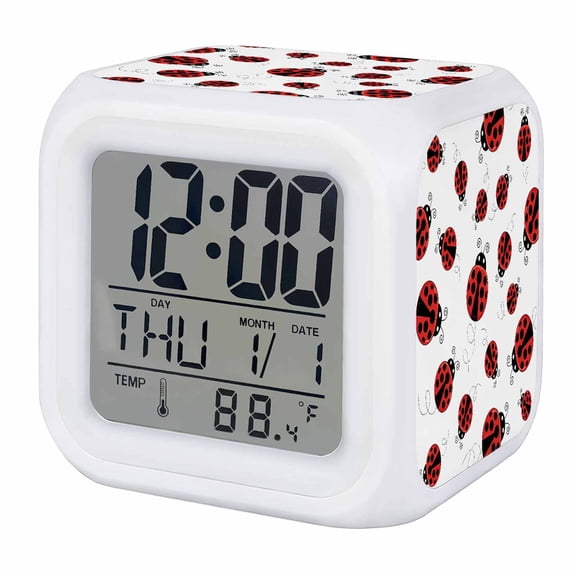 Cartoon Ladybug Digital Alarm Clock for Bedrooms, Smart LED Alarm Clock with 7 Color Changing Night Light, Funny Animals Dot Modern Simple Silent Wake Up Clocks for Sleep Study Cooking 3.2"x3.2"