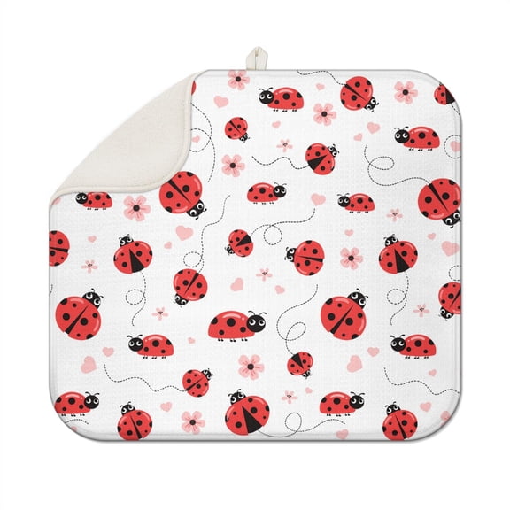 Cartoon Ladybug Dish Drying Mat - Ultra Absorbent Microfiber Countertop Drying Pad, Thick 3-Layer Protector for Dishes & Cookware (Cute Red Print)