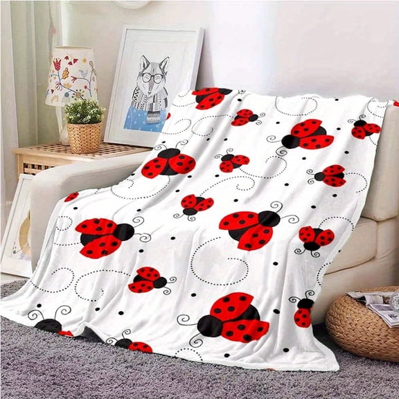 Cartoon Ladybug Kids Throw Blankets,White Soft Bedding Flannel Blankets for Boys/Girls/Teens Bedroom Sofa Couch Chair 30X40 Inches