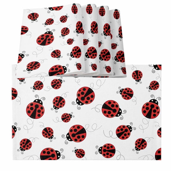 Cartoon Ladybug Placemats for Dinning Table Set of 4, Funny Animals Dot Modern Simple Burlap Kitchen Place Mats Waterproof Cloth Table Mats, Indoor Outdoor Placemats Easy Clean Dinner Decor