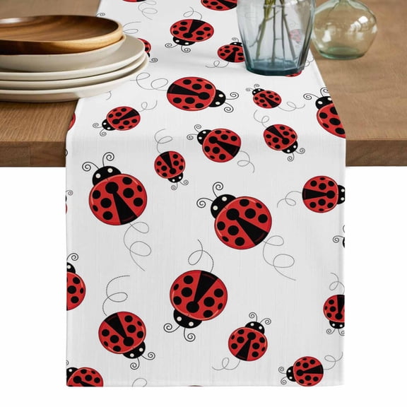 Cartoon Ladybug Table Runner, Funny Animals Dot Modern Simple Washable Cotton Linen Table Runners 36 Inches Long, Dresser Scarf Runner for Nightstand/End Tables/Round Tables 13''x36''