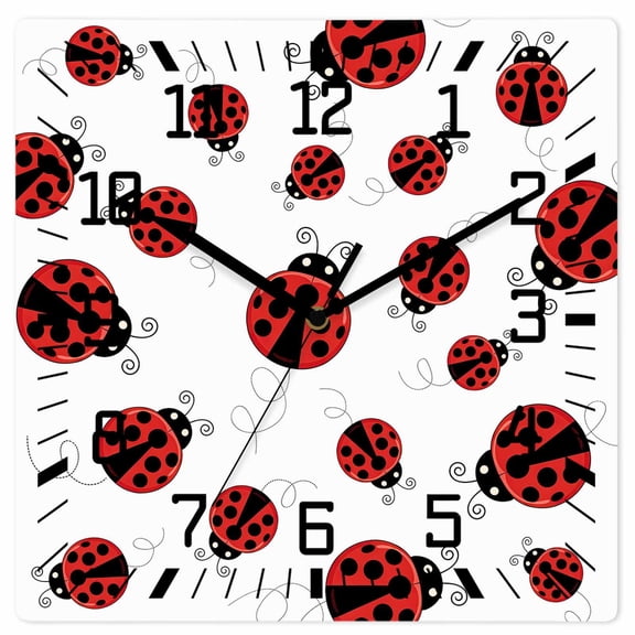 Cartoon Ladybug Wooden Wall Clock Silent Non Ticking, Funny Animals Dot Modern Simple Square Wall Clocks Battery Operated, Decor Clock for Home Office, Living Room, Kitchen, 12 Inch