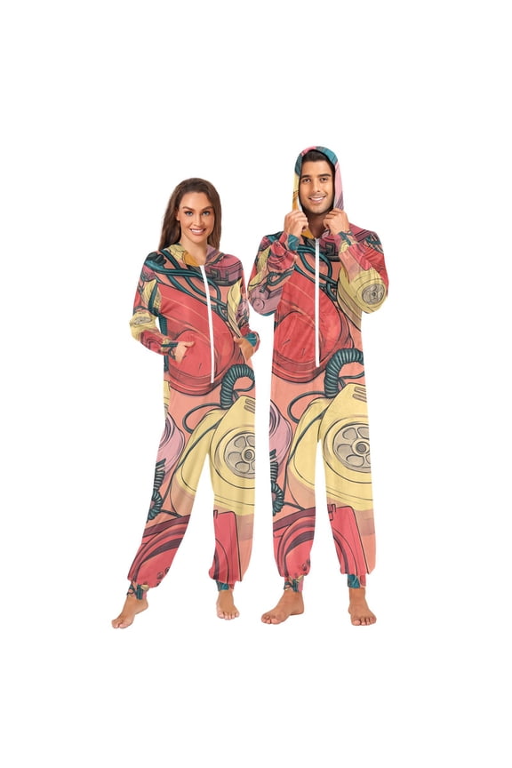 Cartoon Landlines Adult Onesie Pajamas Slim Fit Christmas One Piece Suit Pjs for Women and Men Hooded Zipper