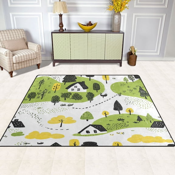 Cartoon Landscape Pattern 63''x48'' Plush Memory Foam Bath Mat, Soft, Absorbent, Non Slip, Durable