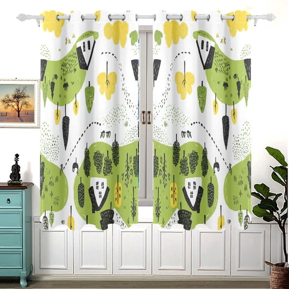 Cartoon Landscape Pattern 63x55in Window Curtain Panels 63x55in 2-Piece Heavy Duty 80% Light Blocking
