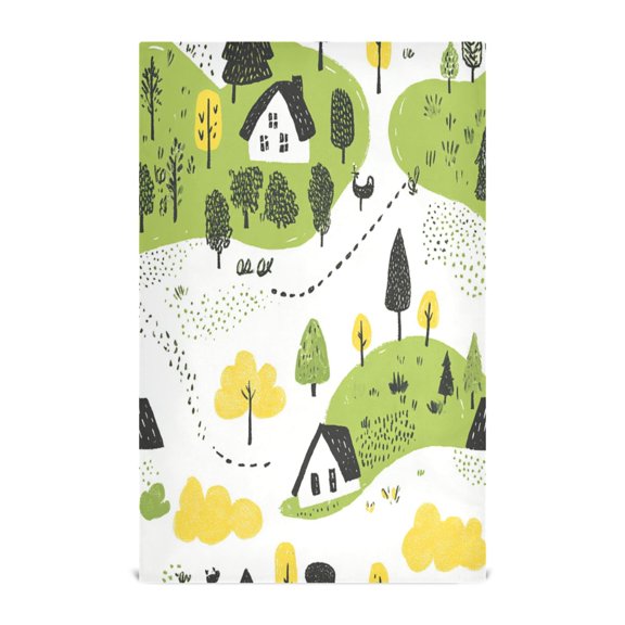 Cartoon Landscape Pattern Decorative Waffle Towel Kitchen Dishcloth 28x18in Multi-Use Tea Towel