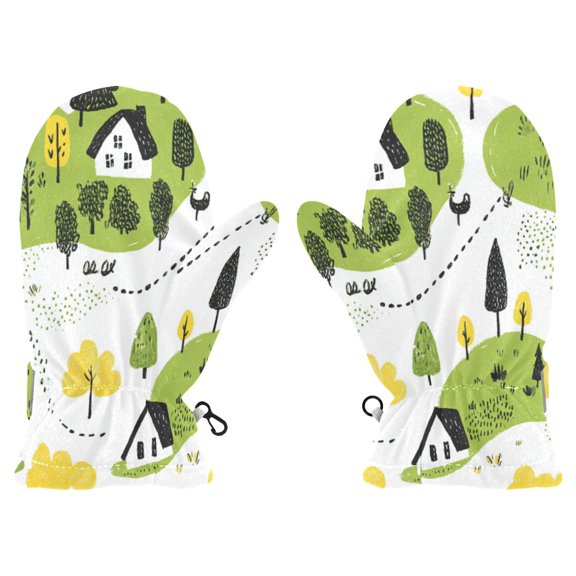 Cartoon Landscape Pattern Witch Cauldron Pattern Cold Weather Mittens Cozy Gloves with Adjustable Fit Perfect for Outdoor Fun