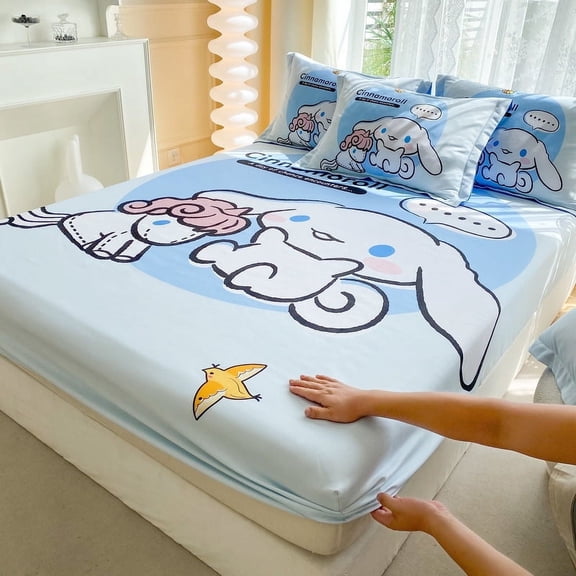 Cartoon Large Pattern KT Cinnamoroll Fitted Bed Sheet 3-piece set (fitted Sheet +2 Pillow Case) 2-piece Set Bed Cover Bed Spread Mattress Protective Cover Single Fitted Sheet