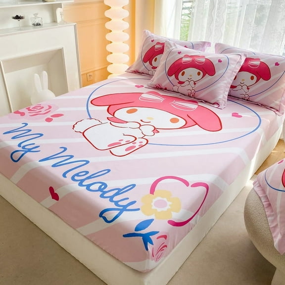 Cartoon Large Pattern KT Cinnamoroll Fitted Bed Sheet 3-piece set (fitted Sheet +2 Pillow Case)  2-piece Set Bed Cover Bed Spread  Mattress Protective Cover Single Fitted Sheet