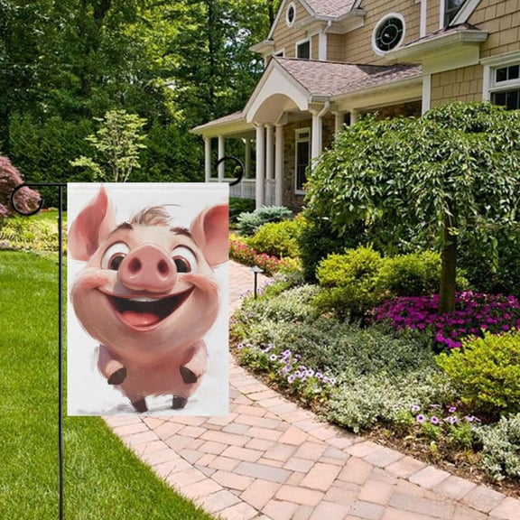 Cartoon Laughing Pig Garden Flag 12x18 inch Double Sided Outside Yard Decorations for Home Outdoor