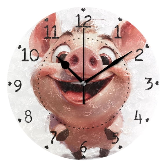 Cartoon Laughing Pig Round Wall Clock Silent Battery Operated Home Decor for Living Room Bedroom