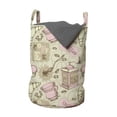 thumbnail image 1 of Cartoon Laundry Bag, Abstract Modern Image of Tea Pots Cups Cakes Croissants Bakery Image, Basket with Handles Drawstring Closure for Laundromats, 13" x 19", Grey Pale Pink and White, by Ambesonne, 1 of 4