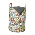 thumbnail image 1 of Cartoon Laundry Bag, Dinosaur Watermelon Robot Kindergarten Lettering Candies Little Girl Cat Kite, Basket with Handles Drawstring Closure for Laundromats, 13" x 19", White Multicolor, by Ambesonne, 1 of 4