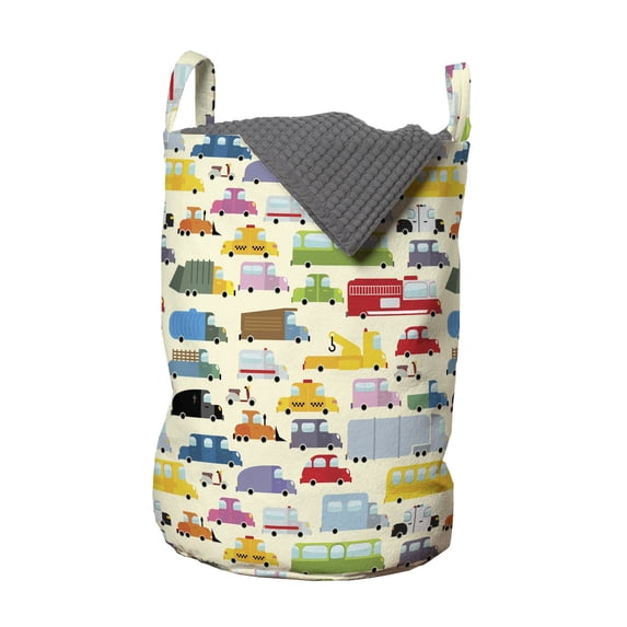 Cartoon Laundry Bag, Funny City Traffic Jam Diverse Transports Cars Trucks Bus Autos, Hamper Basket with Handles Drawstring Closure for Laundromats, 13" x 19", Cream and Multicolor, by Ambesonne