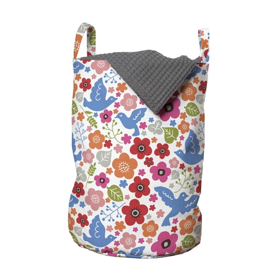 Cartoon Laundry Bag, Pastoral Composition of Flowers and Birds Leaves, Hamper Basket with Handles Drawstring Closure for Laundromats, 13" x 19", Multicolor, by Ambesonne