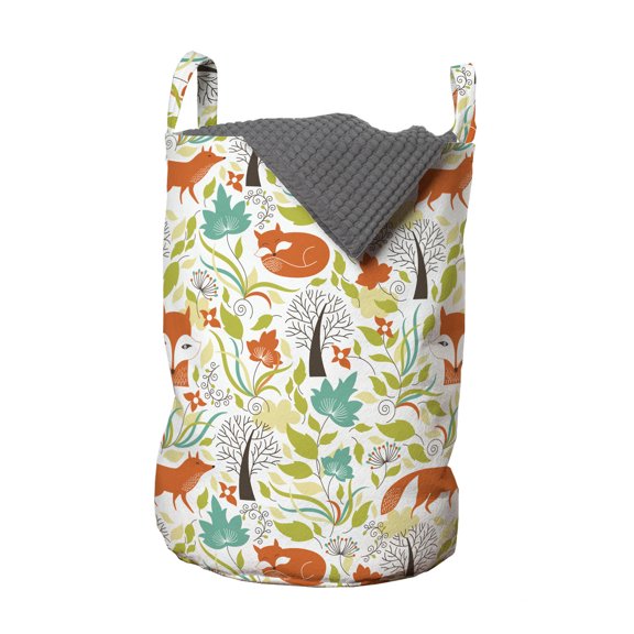Cartoon Laundry Bag, Wild Fox Wolf with Leaves Flowers and Leafless Trees Print, Hamper Basket with Handles Drawstring Closure for Laundromats, 13" x 19", Orange Green and Blue, by Ambesonne