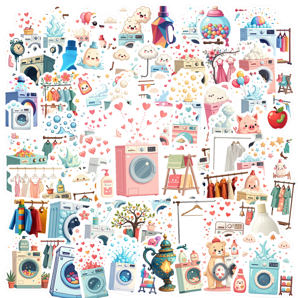 Cartoon Laundry Theme Stickers, Waterproof Laundry Theme Sticker for ...