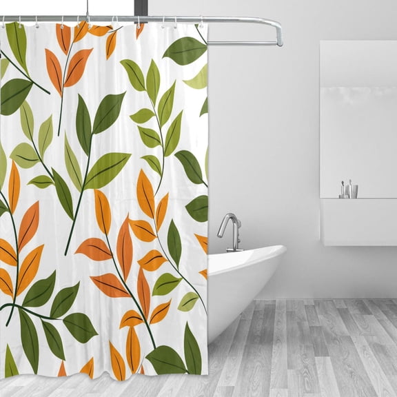 Cartoon Leaves in Green and Orange Shower Curtains with 12 Hooks Waterproof Bathroom Decor 66" x 72"