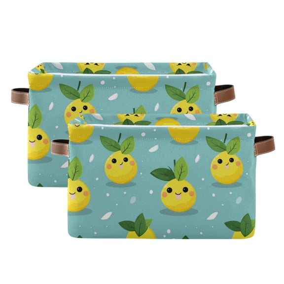 Cartoon Lemon Face Storage Bins with Handle Fabric Organizer Basket Foldable Box 2 Pack 14.2x10.2x8.3