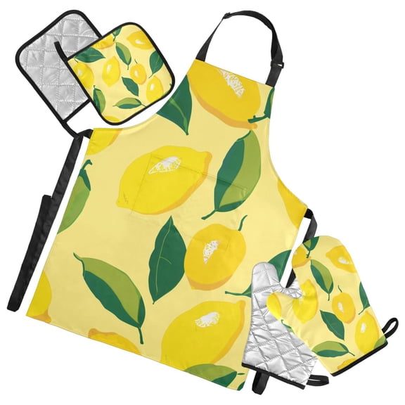 Cartoon Lemons and Leaves Apron Set with Oven Mitts Pot Holders Set of 5 Kitchen Stuff Accessories