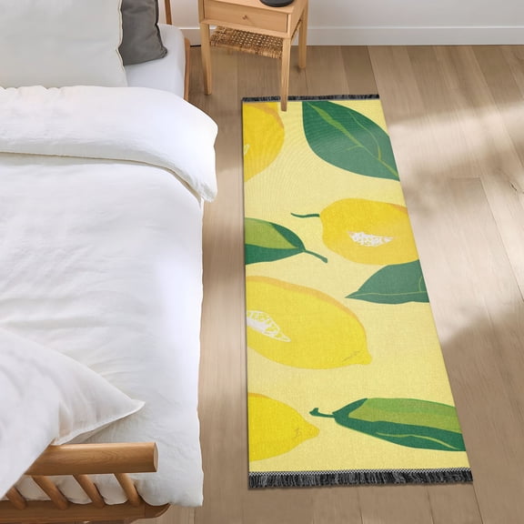 Cartoon Lemons and Leaves Bedside Runner Rug 2'x 6' Non Slip Carpet Floor Mat Area Rug