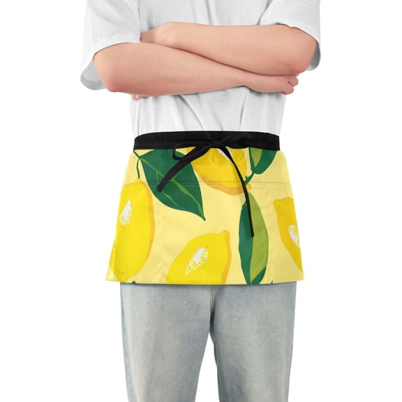 Cartoon Lemons and Leaves Short Server Apron with 3 Pockets for Unisex Chef Gardening
