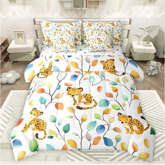Cartoon Leopard Bedding Twin Size 7 Pieces Watercolor Floral Comforter Set, Botanical Plants Bedding Comforter Sets Jungle Animal Cheetah Bed in a Bag, Tropical Leaves Bedding