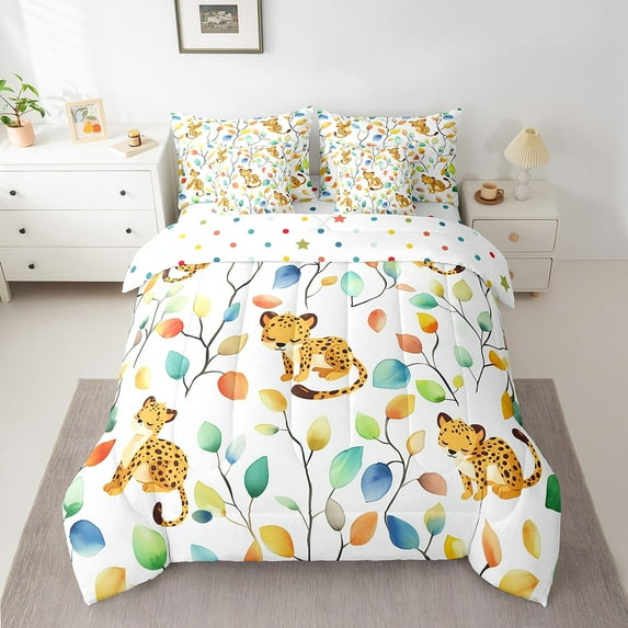 Cartoon Leopard Full Comforter Set 7pcs Watercolor Floral Bedding Comforter Sets, Botanical Plants Bed in a Bag Jungle Animal Cheetah Bedding Set, Tropical Leaves Bed Sheets Set