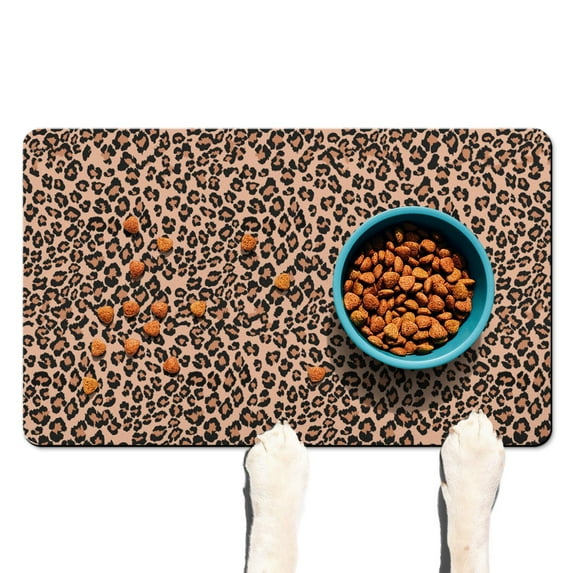 Cartoon Leopard Print Dog Mat - Playful Cheetah Design Feeding Pad - Multi-Layer Absorbent Core - Easy Rinse Clean for Busy Owners