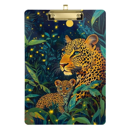 Cartoon Leopards in Jungle Moonlight Acrylic Clipboard Drawing Board with Hook Writing Pad File Storage A4 Size Gold 12.5" x 9"