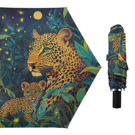 Cartoon Leopards in Jungle Moonlight All Weather Umbrella Triple Folding Parasol 6 Ribs UV Protection Portable